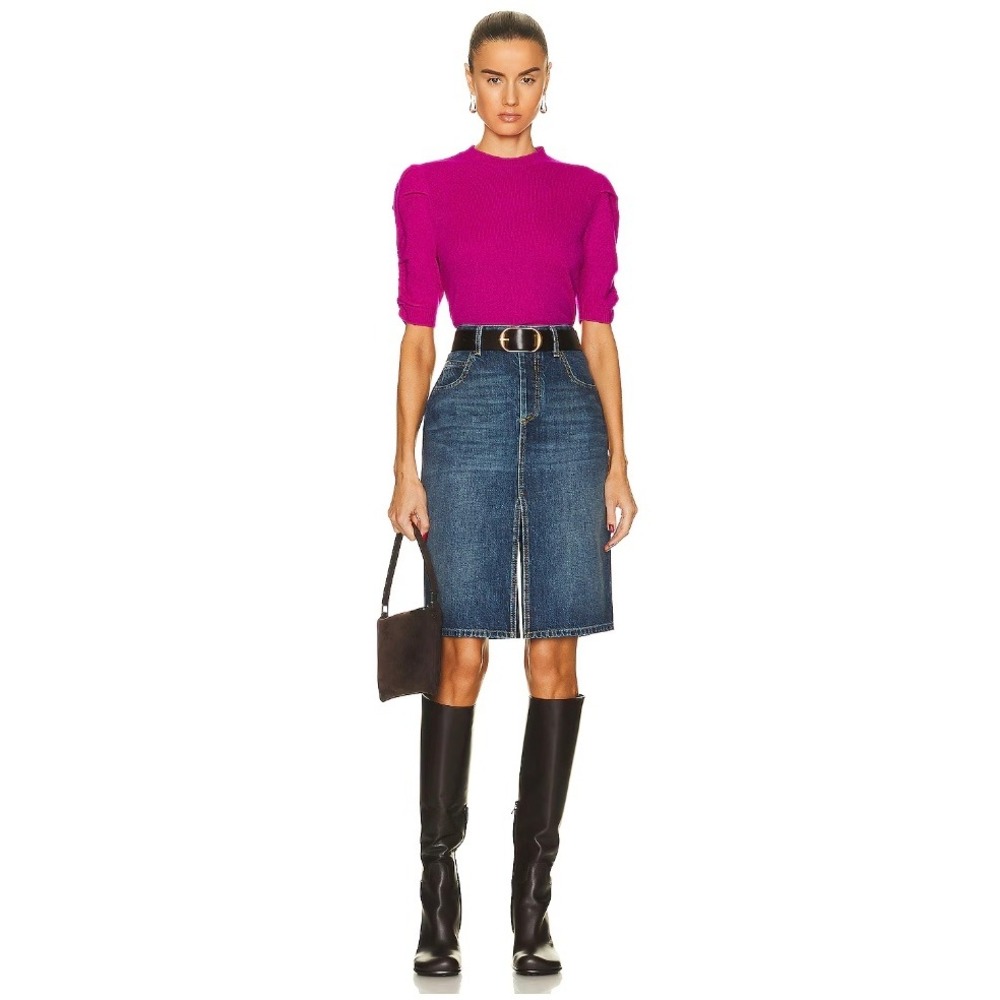 FRAME Frankie Ruched Sleeve Cashmere Sweater Magenta Puff Sleeve Knit XS - Picture 3 of 13